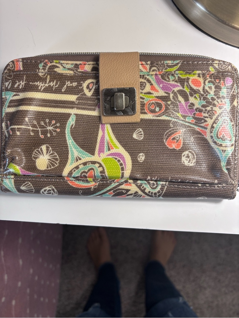 Brown Printed Zip Wallet with Tan Snap Tab